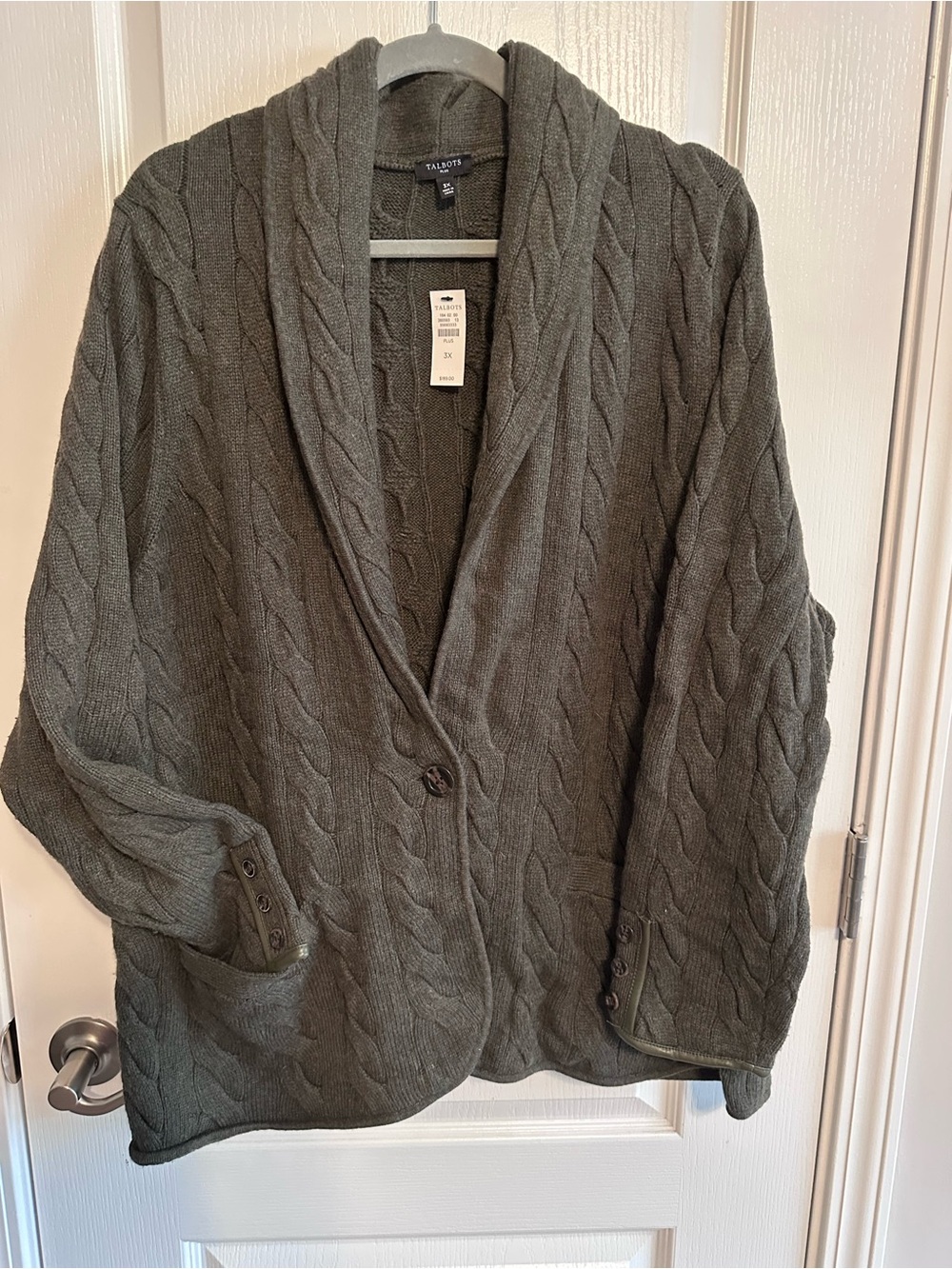 Talbots Dark Olive Cable Knit Shawl Collar Cardigan